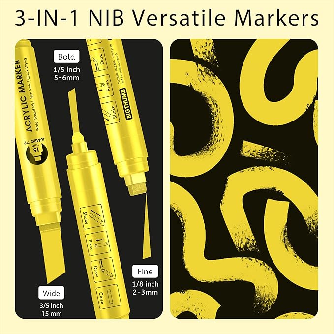 3 Pcs Yellow Jumbo Permanent Markers: 15mm Wide Tip Thick Acrylic Paint Pen - Image 2