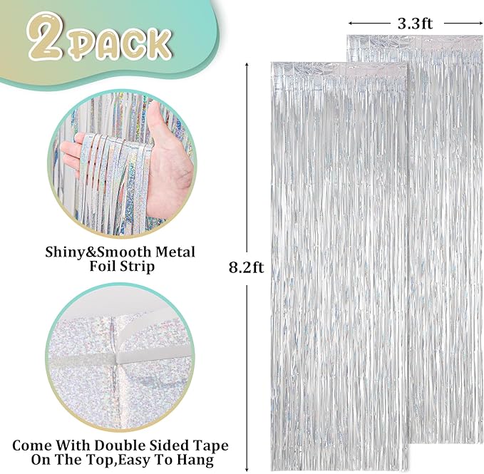 2 Pack Laser Silver Foil Fringe Backdrop Curtains, Tinsel Streamers Birthday - Image 3