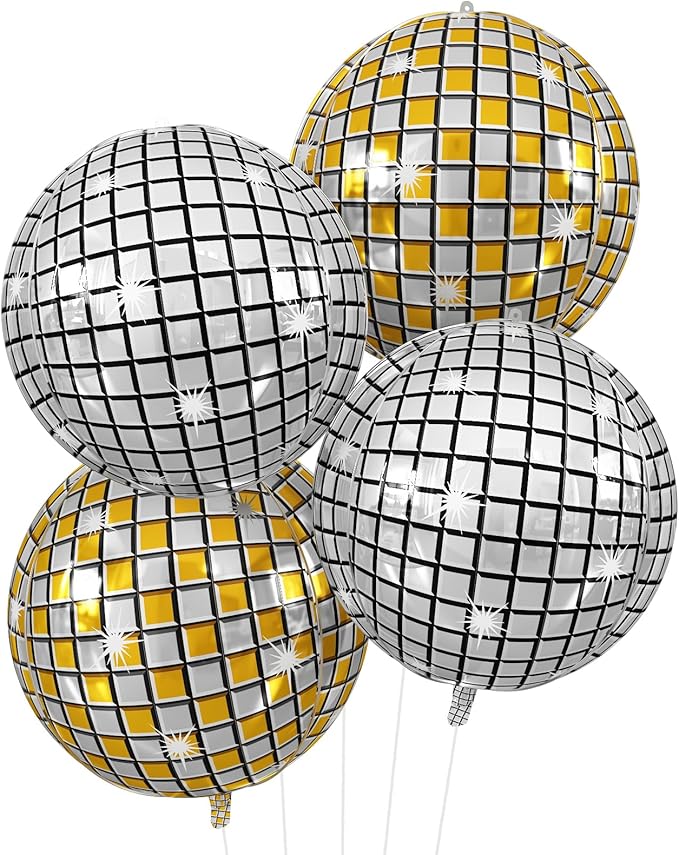 Disco Ball Balloons Gold Silve 4PC, Foil Disco Balloons 22 Inch 4D Round by Cledeco