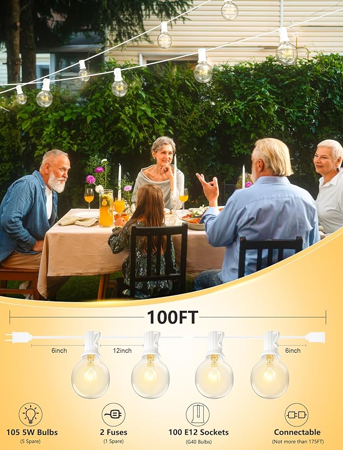 SUNSGNE 100Ft Patio String Lights, G40 Outdoor String Lights - Image 2