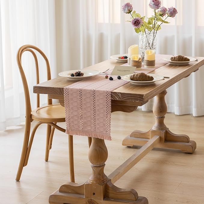 Boho Pink Table Runner for Home Decor 12x72 Inches Farmhouse Macrame Burlap - Image 3