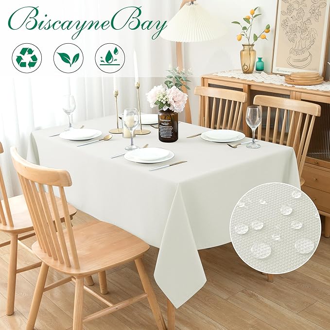 Biscaynebay Textured Fabric Tablecloths 90x156 Inches Rectangular, Ivory Water - Image 2
