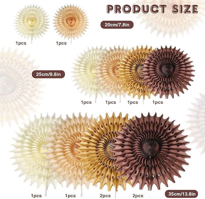 12PCS Paper Fans Brown Neutral Boho Party Decorations Tissue Paper Flowers - Image 3