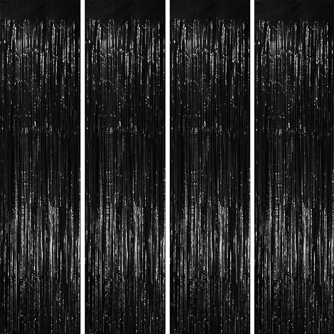 4 Pack Black Foil Fringe Backdrop Curtains, Tinsel Streamers Birthday Party by Voircoloria