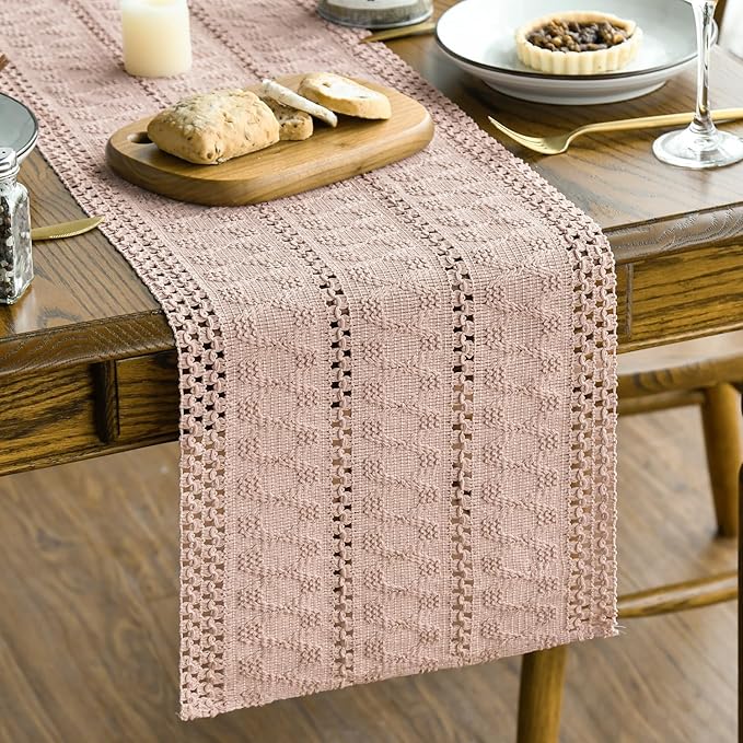 Artoid Mode Pink Farmhouse Woven Rustic Hollow Table Runner, Seasonal Holiday by ArtoidMode