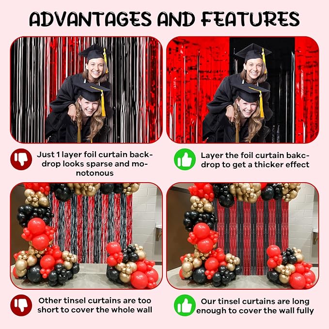 4 Pack 3.3x8.2 Feet Red and Black Foil Fringe Backdrop Curtains, Tinsel - Image 5