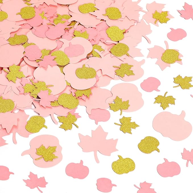 MARFOREVER 350 Pcs Fall Thanksgiving Pink and Gold Pumpkin Maple Leaf Confetti by MARFOREVER