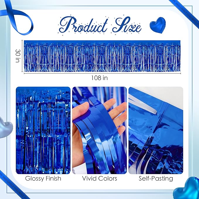 3 Pack Blue Series Table Skirts, 29x108" Metallic Foil Tinsel Fringe Table Skirt - Image 3