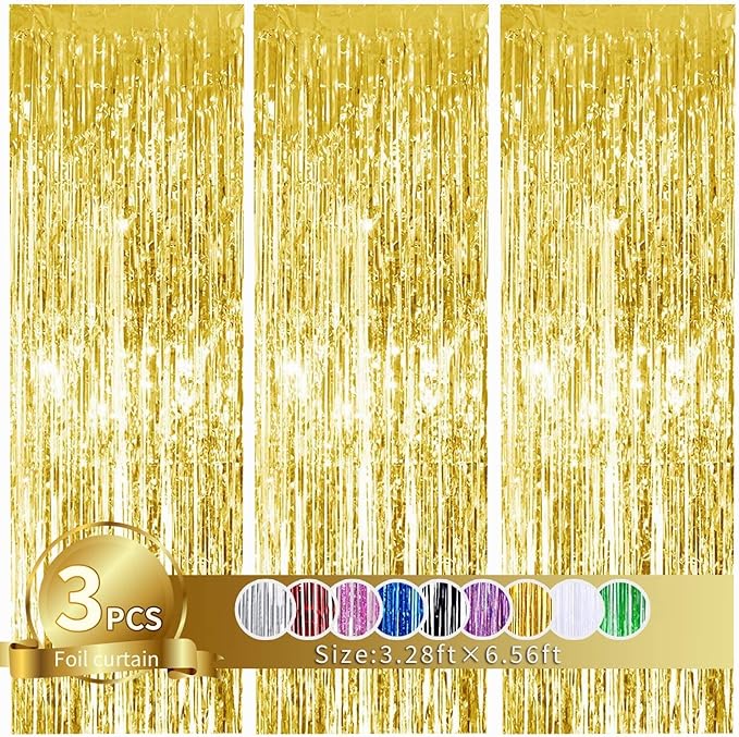 3Pcs Gold Metallic Tinsel Foil Fringe Curtains, 3.28ft x 6.56ft Gold Photo by TONIFUL