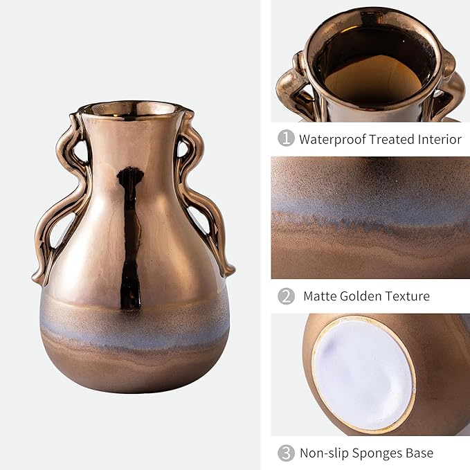 Gold Ceramic Vase with Handles, Modern Amber Brown Tall Centerpiece Floral - Image 5