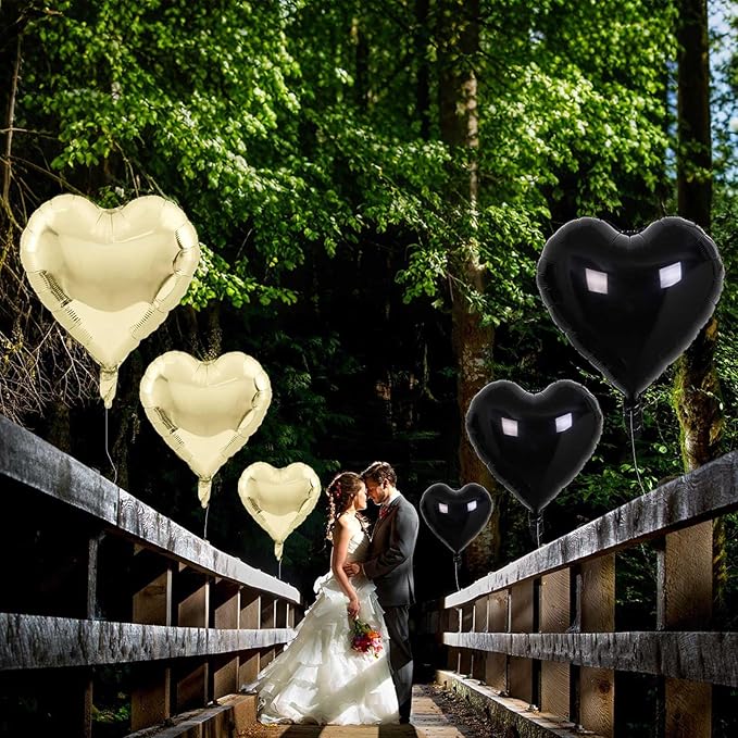 Black Gold Foil Heart Balloons, 18 Inch 10 Pcs Light Gold and Black Heart Shape - Image 7