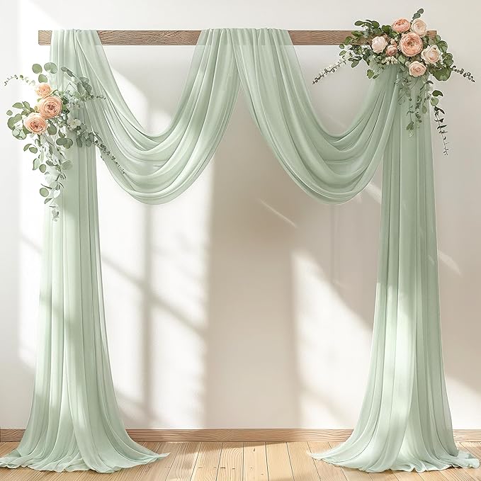 30" x 20Ft Wedding Arch Draping Fabric, 2 Panels Sage Green Sheer Curtain by PartyTalk