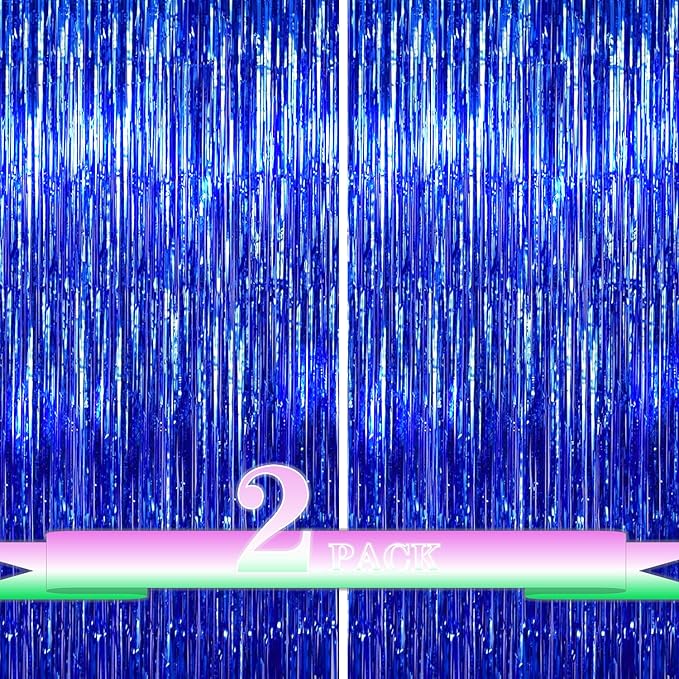 Blue Foil Fringe Backdrop Curtains, 2 Pack Tinsel Streamers Birthday Party by Unknown