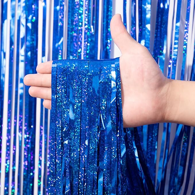 2 Pack Laser Blue Foil Fringe Backdrop Curtains, Tinsel Streamers Birthday - Image 2