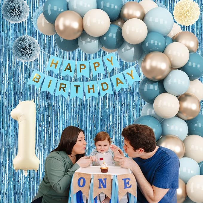 Dusty Blue 1st Birthday Decorations Beige Cream Number 1 Balloon - Image 6