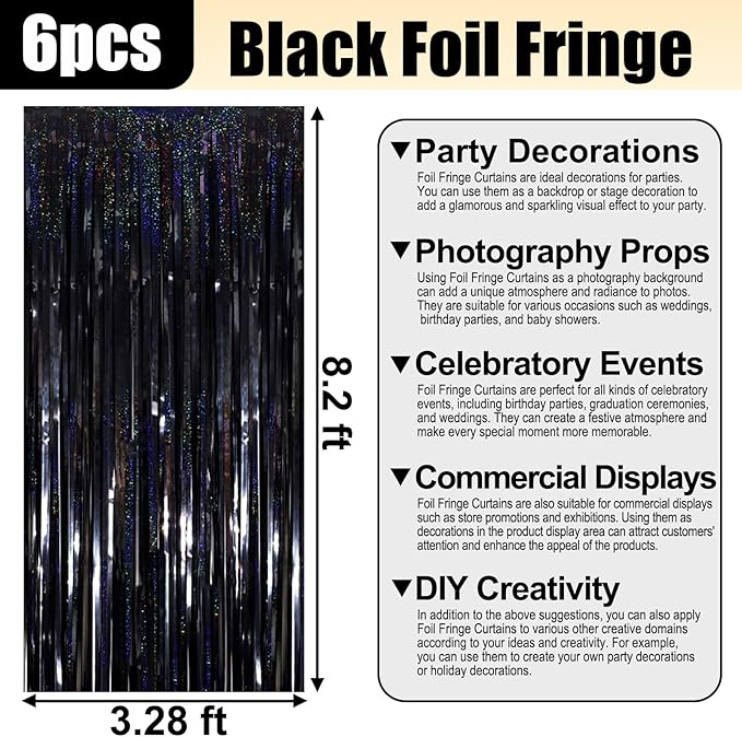 6 Pack Black Foil Fringe Curtain Backdrop, 3.28Ft x 8.2Ft Metallic Tinsel Foil - Image 2