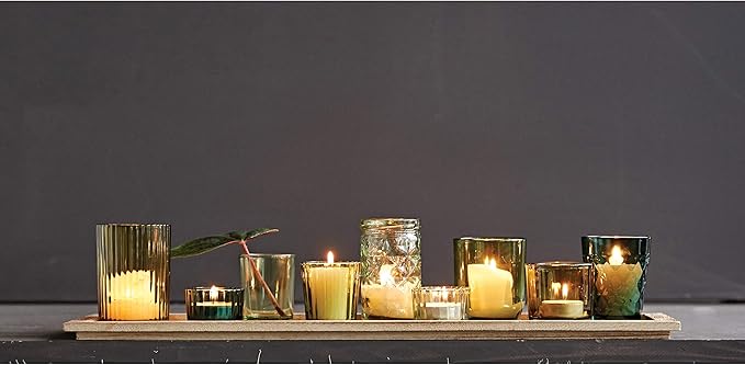 Creative Co-Op Wood Tray with 9 Green Glass Votive Holders - Image 5