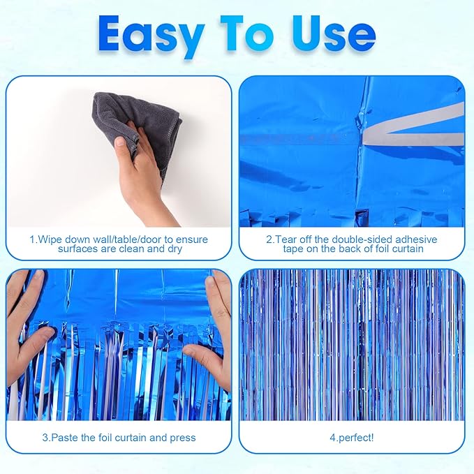 2 Pack Blue Foil Fringe Backdrop Curtains, Tinsel Streamers Party Decorations - Image 4