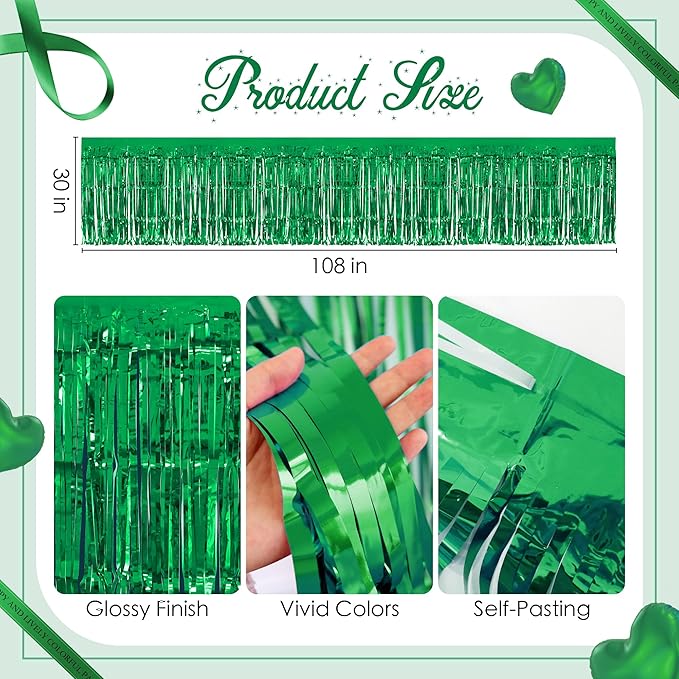 2 Pack Green Table Skirts, 29x108" Metallic Foil Tinsel Fringe Table Skirts - Image 3