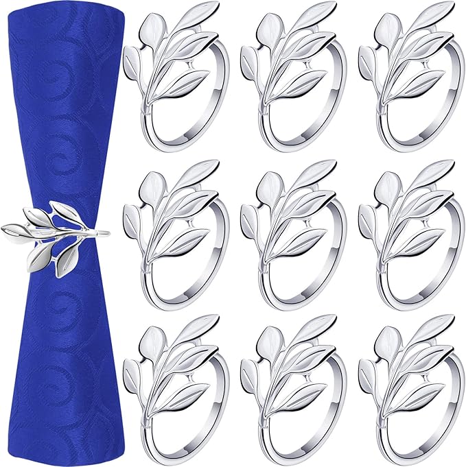 Hotop 50 Pcs Leaf Napkin Rings Set Silver Metal Napkins Rings Holders Bulk by HOTOP