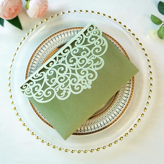 ponatia 5.12 x 7.2 Sage Green Laser Cut Wedding Invitations - Image 6