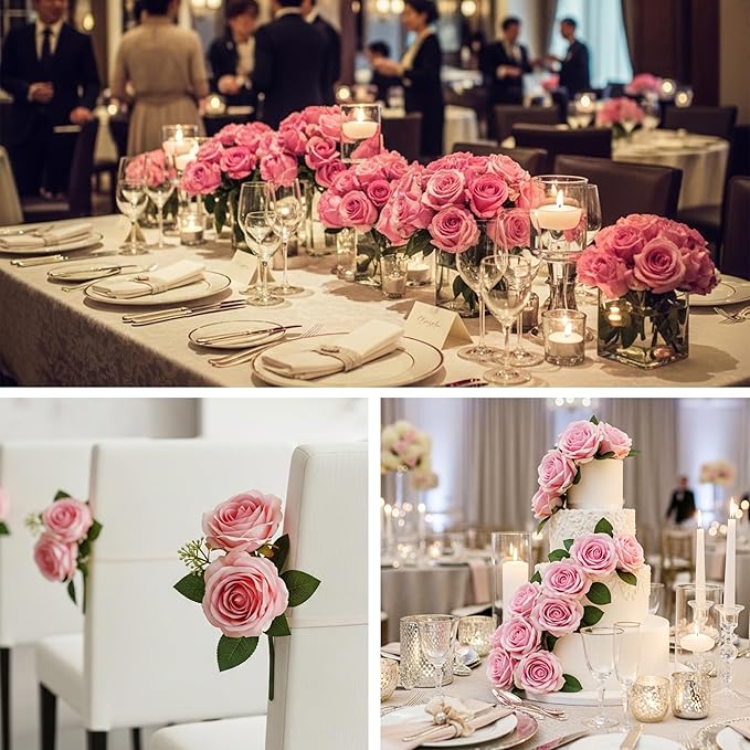Auihiay 60PCS Pink Roses, Artificial Roses, Velvet Silk Fake Roses, Realistic - Image 4