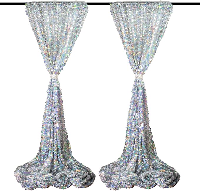 JYFLZQ Iridescent Silver Payette Sequin Backdrop Curtains 4ft x 8ft 2 Panels by JYFLZQ