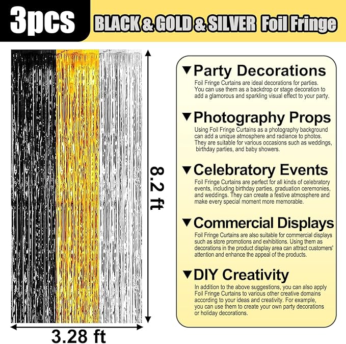 3 Pack Black Gold Silver Foil Fringe Curtain Backdrop, 3.28Ft x 8.2Ft Metallic - Image 2