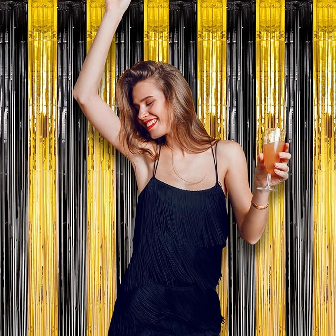 2 Pack Black and Gold Foil Fringe Backdrop Curtains, Tinsel Streamers Birthday - Image 7