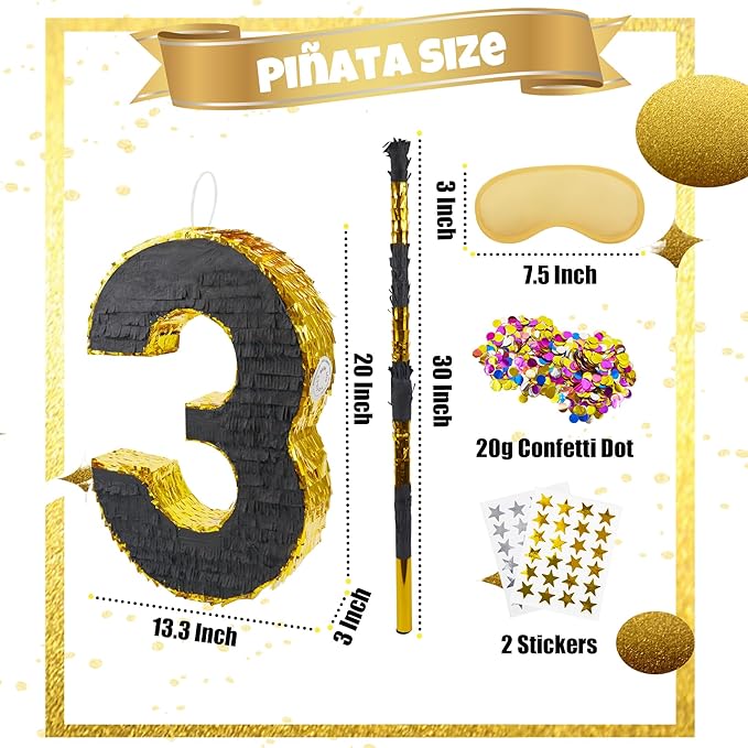 PCFING 20 Inch Number 3 Piñata Gold Black - Image 2