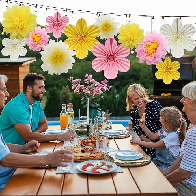 BestoFun 12PCS Paper Flowers Fans Pink Yellow Party Decorations Tissue Paper - Image 7