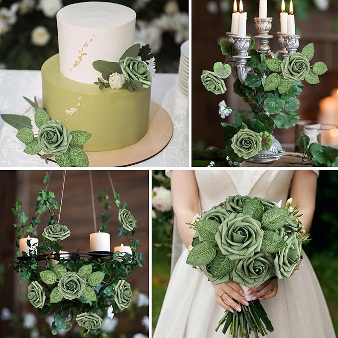 AmyHomie Artificial Flowers Green Rose 25pcs Real Looking Fake Roses w/Stem - Image 5