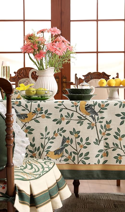 patdrea Designer Green Linen Rectangular Tablecloth, Vintage Breathable Floral - Image 8