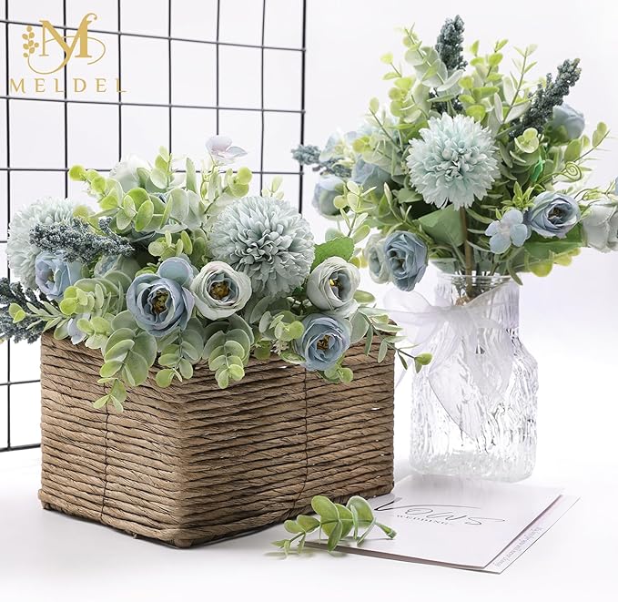 Meldel 3Pcs Rose Bouquet Blue Artificial Flowers Fake Eucalyptus Plants Silk - Image 6