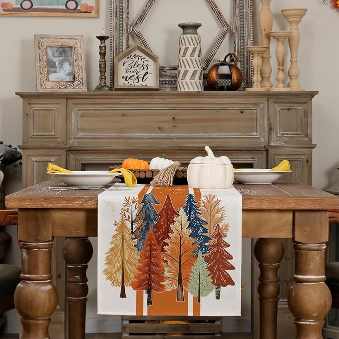 GEEORY Fall Watercolor Trees & Maple Leaves Striped Table Runner 13x120 Inch - Image 5
