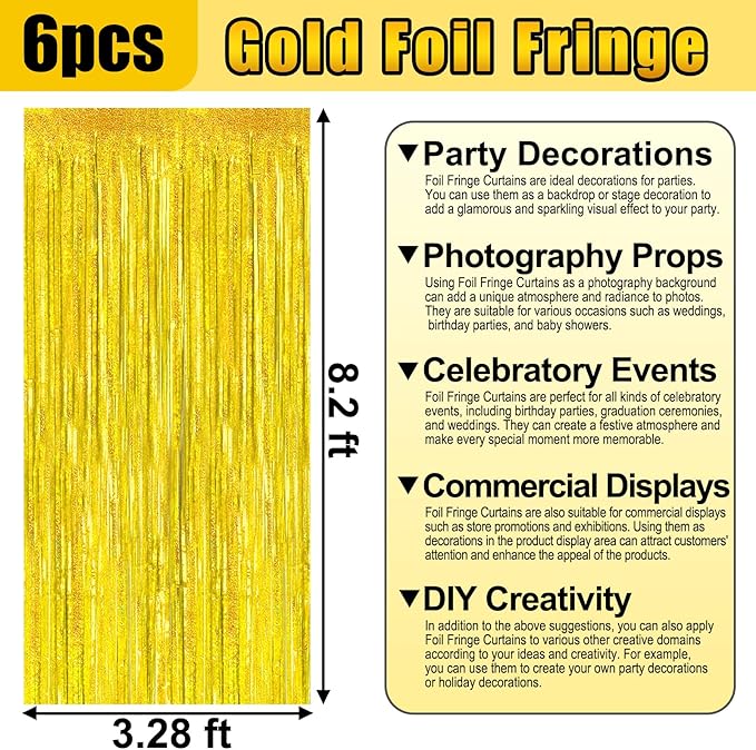 6 Pack Gold Foil Fringe Curtain Backdrop, 3.28Ft x 8.2Ft Metallic Tinsel Foil - Image 2