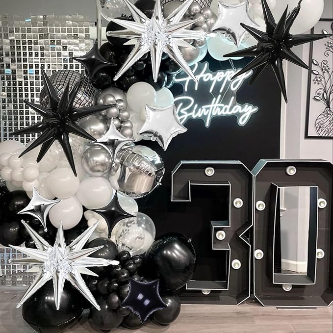 Black and Silver Star Balloons, 22in Large Star Balloons Foil 10in 4-Pointed & - Image 5