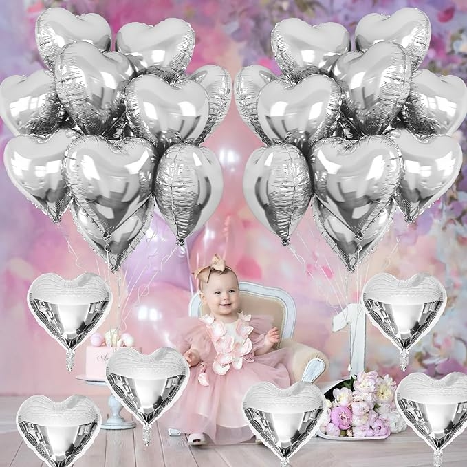 Silver Heart Foil Balloons, Graduation, New Year Party Decor - Image 5
