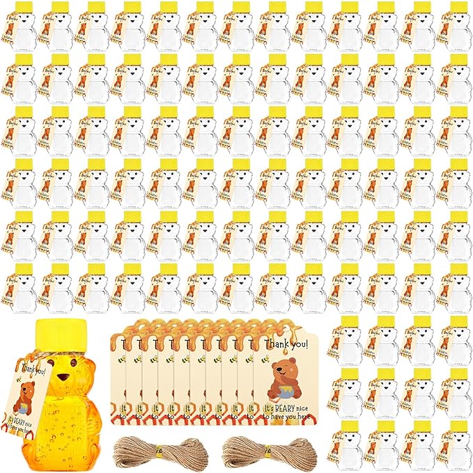 96 Sets 2 oz Plastic Honey Bear Bottle Bear Shape Clear Empty Honey Jar 96 Tags by Funnymoom