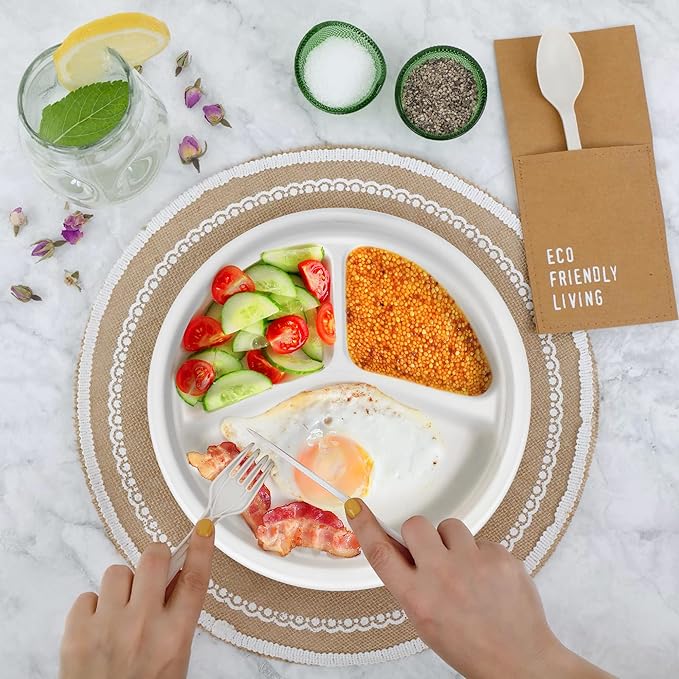 150-Piece 100% Compostable 10in Paper Plates, 3-Compartment Heavy Duty - Image 7