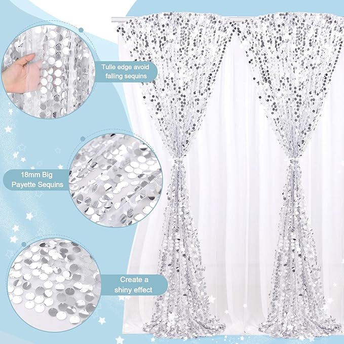 Silver Sequin Backdrop Curtains 2 Panels 4FTx8FT Big Payette Glitter Backdrop - Image 3