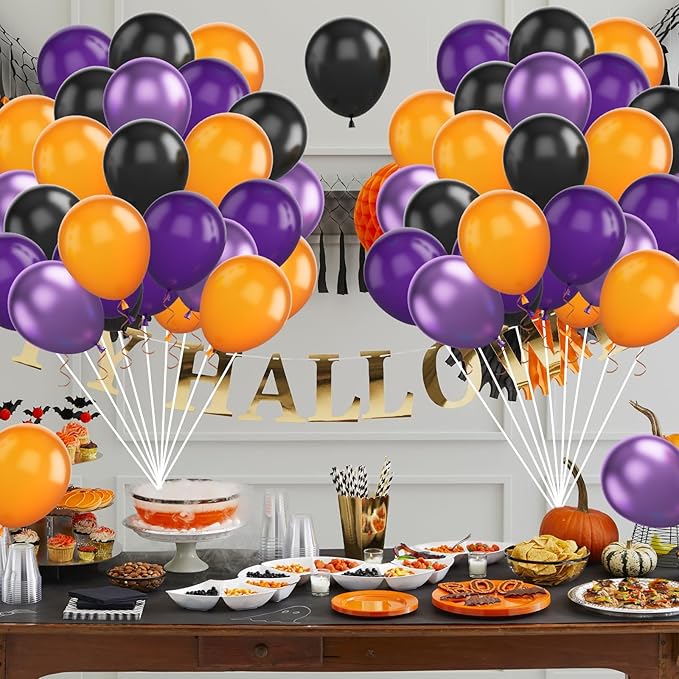 FunHot Halloween Party Balloons, 12 Inch Metallic Purple Black Latex Balloons - Image 4