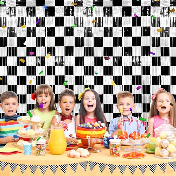 3 Pack 3.3Ft x 6.6Ft Race Car Checkered Foil Fringe Curtain Backdrop Decorations - Image 6
