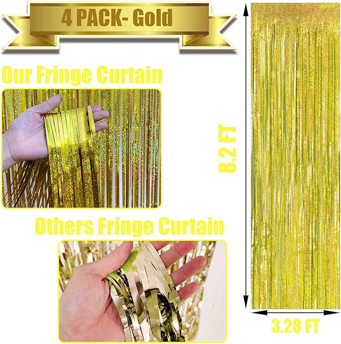 4 Pack Gold Tinsel Foil Fringe Curtain Backdrop, 3.28Ft x 8.2Ft Metallic - Image 2