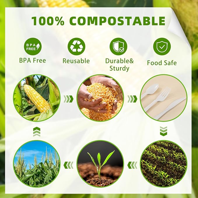 300 Count 100% Compostable Silverware, Ivory White Disposable Silverware - Image 7