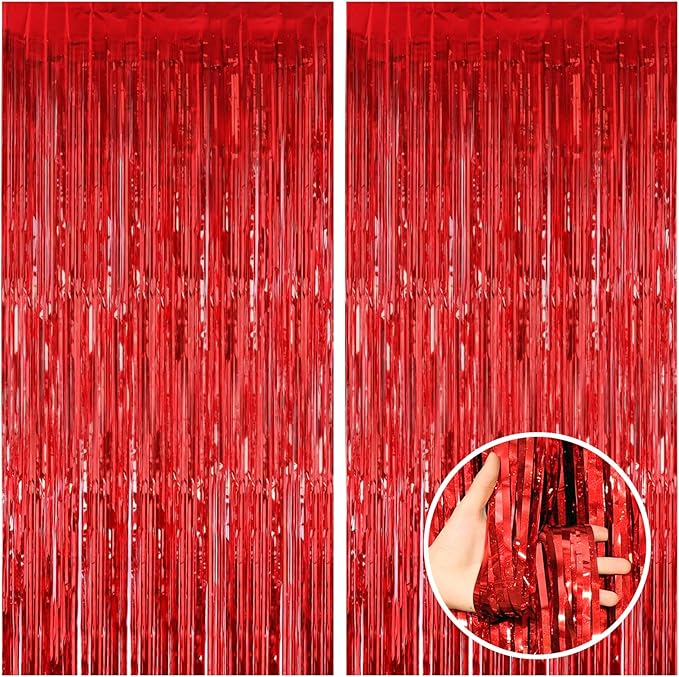 CANREVEL 2 Pack 3.3x8.2 Feet Red Foil Fringe Backdrop Curtains, Tinsel by CANREVEL