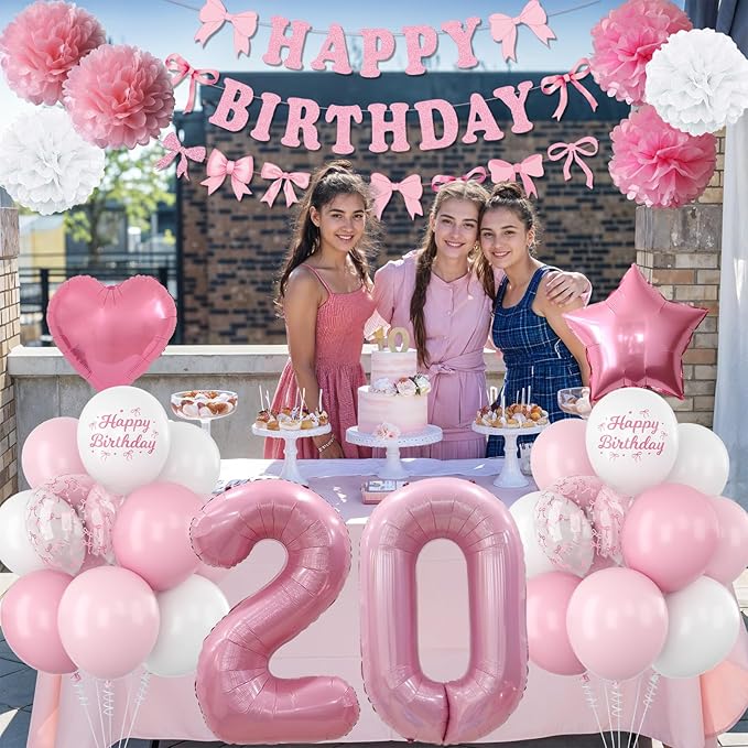 20th Birthday Decorations for Girls Pink Number 20 Balloon Bow Coquette Happy - Image 3