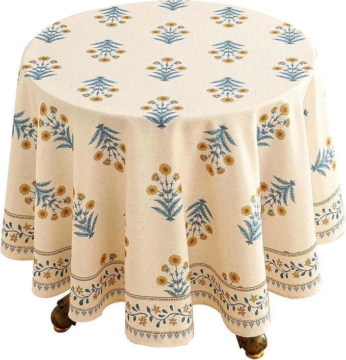 ISAENNE Designer French Pale Yellow Small Round Tablecloth, Linen Floral Table by Isaennehomedecoration