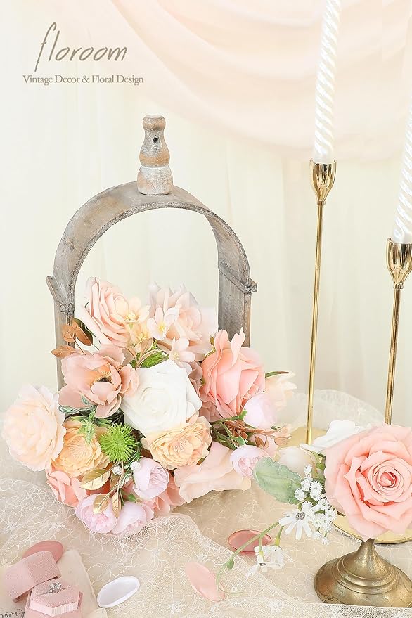 Floroom Blush Peach Pink Artificial Flowers Cream Fake Roses Peonies and - Image 2