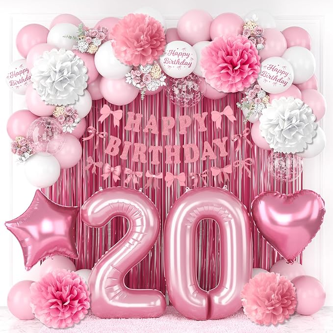 20th Birthday Decorations for Girls Pink Number 20 Balloon Bow Coquette Happy by KAINSY
